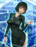  &gt;:) 1girl artist_name bangs breasts cityscape closed_mouth collarbone collared_dress commentary_request covered_navel cowboy_shot dress easonx floating_rock fubuki_(one-punch_man) green_dress green_eyes green_hair head_tilt highres impossible_clothes impossible_dress jewelry large_breasts long_sleeves looking_at_viewer necklace one-punch_man outdoors pelvic_curtain red_lips serious short_hair signature smile solo sparkle v-shaped_eyebrows watermark web_address 