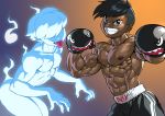  2boys abs black_hair boo boxing_gloves boxing_shorts bullet_bill dark_skin dark_skinned_male earrings fang ghost gradient gradient_background hair_over_eyes hitodama jewelry male_focus super_mario_bros. multiple_boys muscle nintendo nipples personification pokkuti shorts simple_background tongue tongue_out 