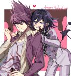  2boys beard black_wings chocolate collarbone commentary_request dangan_ronpa demon_girl demon_tail demon_wings eyebrows_visible_through_hair facial_hair goatee hair_between_eyes hands_on_shoulders happy_valentine heart highres in_mouth jacket male_focus medium_hair momota_kaito multiple_boys nanin new_dangan_ronpa_v3 ouma_kokichi pink_eyes pink_hair purple_hair purple_jacket shirt succubus tail white_jacket white_legwear white_shirt wings 