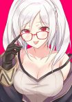  1girl :p bare_shoulders bespectacled black_gloves braid breasts cape cleavage collarbone dark_persona eyebrows_visible_through_hair female_my_unit_(fire_emblem:_kakusei) fire_emblem fire_emblem:_kakusei fire_emblem_heroes french_braid gimurei glasses gloves highres hood large_breasts long_hair long_sleeves looking_at_viewer my_unit_(fire_emblem:_kakusei) nintendo open_clothes pink_background red-framed_eyewear red_eyes robe shiyo_yoyoyo simple_background smile solo strap_slip tongue tongue_out twintails upper_body white_hair 