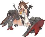  1girl ahoge bare_shoulders black_legwear blush boots breasts brown_hair cannon detached_sleeves double_bun frilled_skirt frills frown full_body hair_ornament hairband headgear high_heels japanese_clothes kantai_collection kongou_(kantai_collection) konishi_(koconatu) large_breasts long_hair nontraditional_miko official_art open_mouth panties ribbon ribbon-trimmed_sleeves ribbon_trim sash skirt solo thigh-highs thigh_boots torn_clothes torpedo_launcher transparent_background turret underwear white_panties wreckage zettai_ryouiki 