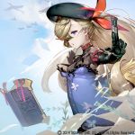  1girl absurdres beast beret black_gloves blonde_hair bodysuit breasts clouds collar dress elbow_gloves floating floating_book floating_object gloves grimms_echoes hat highres izuru_(timbermetal) long_hair parted_lips small_breasts solo very_long_hair violet_eyes 