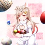  1girl animal_ears baileys_(tranquillity650) bare_shoulders basket blonde_hair blush breasts cleavage cleavage_cutout detached_sleeves easter_egg egg fur_collar fur_trim gradient_hair hair_flaps hair_ornament hair_ribbon hairclip happy_easter heart_cutout highres holding holding_basket kantai_collection kneeling large_breasts long_hair multicolored_hair red_eyes remodel_(kantai_collection) ribbon signature smile solo yuudachi_(kantai_collection) 