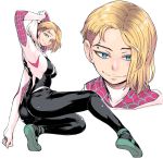  1girl blonde_hair blue_eyes commentary_request gwen_stacy hood looking_at_viewer looking_back nujima piercing pose skin_tight smile smirk spider-man:_into_the_spider-verse spider-man_(series) 