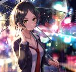  1girl bangs black_hair blurry blurry_background blush breasts city_lights cleavage collarbone collared_shirt commentary_request earrings hand_up hayami_kanade highres holding holding_umbrella idolmaster idolmaster_cinderella_girls ilo jacket jewelry long_sleeves looking_at_viewer medium_breasts necklace necktie open_clothes open_jacket open_mouth outdoors parted_bangs rain red_neckwear shirt short_hair signature solo umbrella white_shirt yellow_eyes 