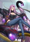  1girl adsouto blush breasts bustier claws cleavage cleavage_cutout eyebrows_visible_through_hair fate/grand_order fate_(series) glasses gorgon_(fate) highres huge_breasts large_breasts long_hair monster_girl navel open_mouth purple_hair rider scales slit_pupils smile snake snake_hair solo very_long_hair violet_eyes 