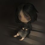  1girl barefoot black_dress black_hair burn_scar chibi cloak demon&#039;s_souls dress maiden_in_black nat_the_lich no_eyes scar scar_across_eye short_hair sitting solo souls_(from_software) staff 