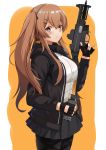  1girl :3 absurdres bangs black_gloves black_jacket black_legwear black_skirt blush breasts brown_eyes closed_mouth commentary cowboy_shot eyebrows_visible_through_hair fingerless_gloves girls_frontline gloves gun h&amp;k_ump hair_ornament hairclip highres holding holding_gun holding_weapon hood hooded_jacket jacket large_breasts long_hair long_sleeves looking_at_viewer looking_to_the_side miniskirt open_clothes open_jacket orange_background pantyhose pleated_skirt pouch shirt sidelocks skirt smile solo submachine_gun trigger_discipline twintails two-tone_background ump9_(girls_frontline) wang22255 weapon white_shirt 