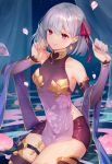  1girl artist_name bangs bare_shoulders blush breasts closed_mouth detached_sleeves dress earrings fate/grand_order fate_(series) hair_between_eyes hair_ribbon jewelry kama_(fate/grand_order) looking_at_viewer petals purple_skirt red_eyes ribbon short_hair silver_hair skirt smile solo thigh-highs thigh_strap thighs water yume_ou 