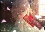  1girl blonde_hair blue_eyes box eyebrows_visible_through_hair gift gift_box gloves head_tilt highres kazeno light_particles looking_at_viewer petals solo valentine violet_evergarden violet_evergarden_(character) watermark 