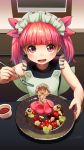  1girl :d bangs bare_arms blunt_bangs commentary_request eyebrows_visible_through_hair food fork headdress highres holding holding_fork indoors kemurikusa long_hair looking_at_viewer open_mouth pink_eyes pink_hair plate rina_(kemurikusa) shiny shiny_hair signature smile solo twintails welt_(kinsei_koutenkyoku) 