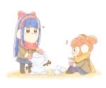  2girls bangs blue_eyes blue_hair blue_skirt blunt_bangs bow collet_(pixiv17839028) earmuffs eighth_note eyebrows_visible_through_hair hair_bow hair_ornament hair_scrunchie heart long_hair long_sleeves mittens multiple_girls musical_note no_nose orange_hair pipimi pleated_skirt poptepipic popuko profile red_bow red_mittens scarf scrunchie short_hair sitting skirt snowball snowman stick white_background winter_clothes yellow_eyes yellow_scrunchie 