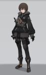  1girl boar boots brown_eyes brown_hair commentary full_body fur_trim gloves highres jacket jiang1274 looking_at_viewer original pouch short_hair simple_background single_knee_pad solo 