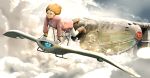  1girl aircraft airship breasts brown_hair closed_mouth clouds commentary_request dress gloves kaze_no_tani_no_nausicaa mehve nausicaa short_hair smile studio_ghibli tk914 