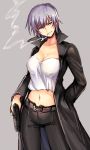 1girl belt black_coat black_pants breasts cleavage coat collarbone earrings fate/zero fate_(series) grey_background gun hand_in_pocket head_tilt holding holding_gun holding_weapon jewelry large_breasts looking_at_viewer midriff natalia_kaminski navel open_clothes open_coat pants parted_lips shida_(xwheel) short_hair silver_hair simple_background smile smoke_trail smoking solo standing stomach thigh_gap violet_eyes weapon white_tank_top 