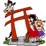  broom gap hakurei_reimu hat horns ibuki_suika lowres oekaki shameimaru_aya tokin_hat torii touhou wings 