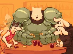 2015 2d 4boys armor black_cloak cloak digital_media dog dog_boy dog_girl dogamy dogaressa doggo_(undertale) female furry furry_female furry_male greater_dog holding holding_card in-universe_location indoors lesser_dog male monster monster_boy monster_girl multiple_boys orange_background pants pink_tank_top playing_cards poker raymodule restaurant simple_background table tank_top undertale utdr_(toby_fox) yellow_pants