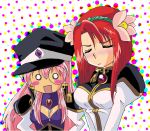  blush cosplay costume_switch embarrassed flower forte_stollen forte_stollen_(cosplay) galaxy_angel hat long_hair lowres milfeulle_sakuraba milfeulle_sakuraba_(cosplay) monocle multiple_girls pink_hair red_hair redhead short_hair 