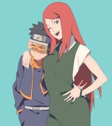  1boy 1girl artist_request black_eyes black_hair bracelet child closed_mouth forehead_protector goggles hair_ornament hairclip hand_in_pocket hand_on_own_hip jewelry konohagakure_symbol long_hair long_sleeves looking_at_viewer naruto naruto_(series) ninja one_eye_closed open_mouth red_hair short_hair simple_background sleeveless smile spiky_hair third-party_source uchiha_obito uzumaki_kushina v 