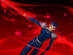  800x600 blue_hair fate/stay_night fate_(series) gae_bolg game_cg lancer male polearm red_background red_eyes solo spear takeuchi_takashi weapon 