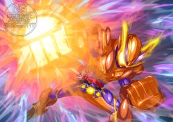 1boy absurdres armor bodysuit commentary energy glowing glowing_eyes gochipod helmet henshin_belt_gavv highres kamen_rider kamen_rider_gavv kamen_rider_gavv_(series) kamen_rider_gavv_over_mode male_focus otokamu punching solo tokusatsu twitter_username yellow_eyes