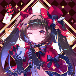  1girl black_gloves brown_hair capelet card closed_mouth gloves hair_ribbon hat highres holding holding_card honkai:_star_rail honkai_(series) long_hair playing_card red_capelet red_eyes red_hat red_ribbon ribbon solo sparkle_(honkai:_star_rail) twintails viclim-monou 
