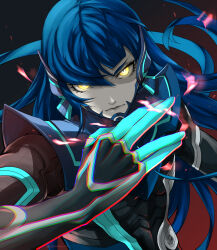  1boy \\// androgynous arm_up armor black_background blue_hair bodysuit chromatic_aberration eyelashes glowing glowing_eyes gradient_background highres kaosuwaruta long_hair looking_at_viewer male_focus protagonist_(smtv) red_background shin_megami_tensei shin_megami_tensei_v simple_background solo twitter_username yellow_eyes 