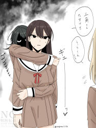  3girls bang_dream! bang_dream!_it's_mygo!!!!! black_hair blonde_hair breasts brown_dress commentary_request dress hanasakigawa_school_uniform highres hug hug_from_behind large_breasts long_hair menacing_(jojo) misumi_uika mole mole_under_eye multiple_girls nagomu_7_56 parted_lips pleated_dress sailor_collar sailor_dress school_uniform shiina_taki sweatdrop translation_request white_sailor_collar yahata_umiri yuri 