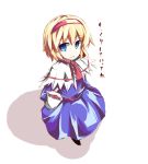  aikata alice_margatroid blonde_hair blue_eyes capelet cup from_above hairband no_nose short_hair tea teacup touhou yukkuri_shiteitte_ne 