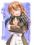  between_breasts black_hair blush charlotte_e_yeager closed_eyes fang francesca_lucchini hug long_hair multiple_girls red_hair redhead smile strike_witches translated twintails umekichi uniform yuri 