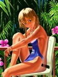  bamboo_forest blonde_hair blue_eyes braid chair doi_tabasuko flower forest nature one-piece_swimsuit original railing smile swimsuit twin_braids 