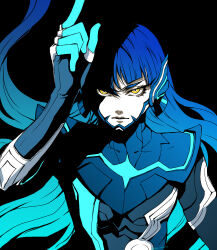  1boy arm_up armor black_background blue_bodysuit blue_hair bodysuit colored_skin eyelashes highres kaosuwaruta long_hair looking_at_viewer male_focus pointing pointing_up protagonist_(smtv) shadowed shin_megami_tensei shin_megami_tensei_v simple_background solo white_skin yellow_eyes 