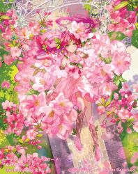  1girl arch boots breasts cherry_blossoms closed_mouth detached_sleeves dress dress_flower flower from_above green_eyes hair_ornament leaf_hair_ornament long_hair looking_at_viewer medium_breasts pink_boots pink_dress pink_flower pink_hair shutsuri smile solo vanguard_(warship_girls_r) warship_girls_r 
