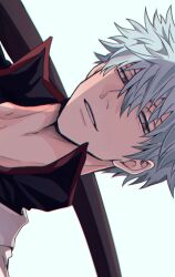  1boy black_shirt chanfuji0616 collared_shirt gintama hair_between_eyes highres looking_to_the_side male_focus open_collar parted_lips popped_collar red_trim sakata_gintoki shirt short_hair sideways sideways_glance simple_background smile solo sword teeth weapon white_background white_hair wooden_sword 