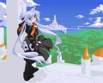  blue_eyes castle cloud clouds forest gauntlets long_hair lowres mof mof&#039;s_silver_haired_twintailed_girl mof's_silver_haired_twintailed_girl nature oekaki original silver_hair sky standing twintails 