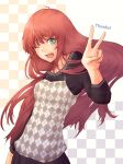  checkerboard checkered face long_hair lulu_(shoutarou) original red_hair redhead tokunou_shoutarou v wink 