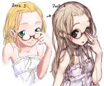  blonde_hair comparison flat_chest forehead glasses green_eyes hands long_hair sketch smile unaji 