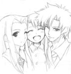  2girls azu closed_eyes emiya_kiritsugu family fate/stay_night fate/zero fate_(series) father_and_daughter illyasviel_von_einzbern irisviel_von_einzbern monochrome mother_and_daughter multiple_girls wink 