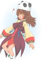  1girl blush boots brown_hair brown_shirt brown_skirt commentary_request feet_out_of_frame flower hanbok koma_mama korean_clothes long_hair long_sleeves looking_afar open_mouth panda_hat pink_flower ragnarok_online shirt skirt smile solo soul_linker_(ragnarok_online) white_boots yellow_eyes 
