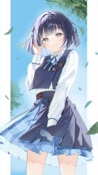 1girl blue_eyes blue_hair blue_overskirt blue_ribbon blue_skirt blue_sky blue_vest branch closed_mouth collared_shirt cowboy_shot falling_leaves gakuen_idolmaster hand_up hataya_misuzu hatsuboshi_gakuen_school_uniform highres idolmaster kuramoto_beta-carotene leaf long_sleeves looking_at_viewer making-of_available miniskirt mole mole_under_mouth neck_ribbon outside_border pillarboxed pleated_skirt ribbon school_uniform shirt short_hair skirt sky smile solo vest white_shirt 