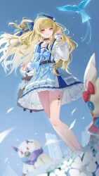  1girl adjusting_clothes adjusting_headwear basket beret bird blonde_hair blue_bird blue_bow blue_bowtie blue_hat blue_skirt blue_sky blurry blurry_background bow bowtie broken_pillar feet_out_of_frame floating_hair flower grin hair_bow hand_up hat highres holding holding_basket kuramoto_beta-carotene long_hair long_sleeves miniskirt official_alternate_costume phoebe_(wuthering_waves) puffy_long_sleeves puffy_sleeves shirt skirt sky smile socks solo standing tacet_discord_(wuthering_waves) tacet_mark_(wuthering_waves) turning_head violet_eyes white_flower white_shirt white_socks wuthering_waves 