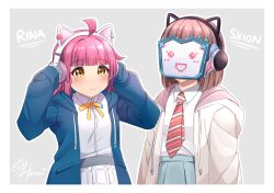  2girls 3: :d absurdres ahoge animal_ear_headphones animal_ears blue_jacket blue_skirt blunt_bangs blunt_ends blush bob_cut border borrowed_accessory brown_hair cat_ear_headphones character_name closed_mouth collared_shirt commentary cowboy_shot diagonal-striped_clothes diagonal-striped_necktie dot-matrix dress_shirt fake_animal_ears grey_background headphones highres hood hooded_jacket ikizulive!_love_live!_bluebird in-franchise_crossover jacket kishimen_hair long_sleeves love_live! love_live!_nijigasaki_high_school_idol_club masked medium_hair multiple_girls neck_ribbon necktie nijigasaki_school_uniform open_clothes open_jacket open_mouth outline plaid_clothes plaid_skirt pleated_skirt red_necktie ribbon rina-chan_board sasaki_shion school_uniform shirt short_hair sidelocks simple_background ska.harumi skirt sleeves_past_fingers sleeves_past_wrists smile striped_clothes symbol-only_commentary tennoji_rina trait_connection white_border white_jacket white_outline white_shirt white_skirt yellow_eyes yellow_ribbon 