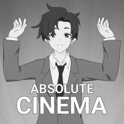  1boy absolute_cinema_(meme) blazer blue_archive blue_archive_the_animation collared_shirt dot_nose english_commentary english_text formal_clothes grey_background greyscale hands_up jacket long_sleeves looking_at_viewer male_focus meme monochrome necktie parted_lips sensei_(blue_archive) sensei_(blue_archive_the_animation) shirt short_hair solo standing suit upper_body za_dorawa 