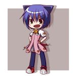  bell belt blue_hair blue_legwear blush cat_ears chibi dress fictional_sister flat_chest green_eyes hands_on_hips kyouran_kazoku_nikki midarezaki_kyouka open_mouth shadow shoes short_hair sneakers solo thighhighs 