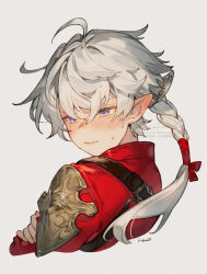  1girl alisaie_leveilleur averting_eyes blue_eyes blush braid braided_ponytail crossed_arms elezen elf final_fantasy final_fantasy_xiv half-closed_eyes herayoshi highres jacket light_frown long_hair low_ponytail pointy_ears ponytail red_jacket single_shoulder_pad solo sweatdrop white_hair 