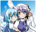  blue_eyes blue_hair breasts cirno hat headphones hug large_breasts letty_whiterock lowres multiple_girls music nino_(artist) nino_(pixiv10550) ribbon short_hair touhou wings 