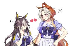  2girls ? absurdres ahoge animal_ears black_hair blonde_hair bow bowtie breasts collarbone commentary_request commission crepe_commission curtained_hair dream_journey_(umamusume) ear_ornament eye_contact glasses hand_on_own_face hand_on_own_hip heart height_difference highres horse_ears horse_girl horseshoe_ornament korean_commentary large_breasts long_hair looking_at_another mixed-language_commentary multicolored_hair multiple_girls musical_note orange_hair orfevre_(umamusume) pleated_skirt puffy_short_sleeves puffy_sleeves purple_bow purple_bowtie purple_shirt ronppang round_eyewear sailor_collar sailor_shirt school_uniform second-party_source shirt short_sleeves siblings simple_background sisters sixteenth_note skirt small_sweatdrop spoken_question_mark streaked_hair summer_uniform tracen_school_uniform umamusume upper_body v-shaped_eyebrows violet_eyes white_background white_hair white_sailor_collar white_skirt 