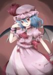  cup hat head_tilt nekomoto nu_(pixiv) red_eyes remilia_scarlet ribbon ribbons short_hair spill stain touhou wine_glass wings wrist_cuffs 