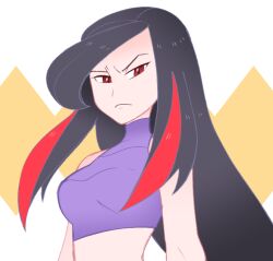  1girl black_hair breasts crop_top looking_at_viewer lucy_(pokemon) midriff multicolored_hair pokemon pokemon_emerald pokemon_rse red_eyes red_hair shirt sleeveless sleeveless_shirt solo two-tone_hair upper_body vergolophus 