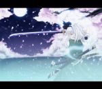  cherry_blossoms closed_eyes ghost katana konpaku_youmu konpaku_youmu_(ghost) moon myon ribbon ribbons short_hair sword touhou water weapon white_hair 